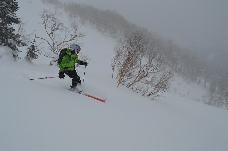 新雪の感触を確かめる